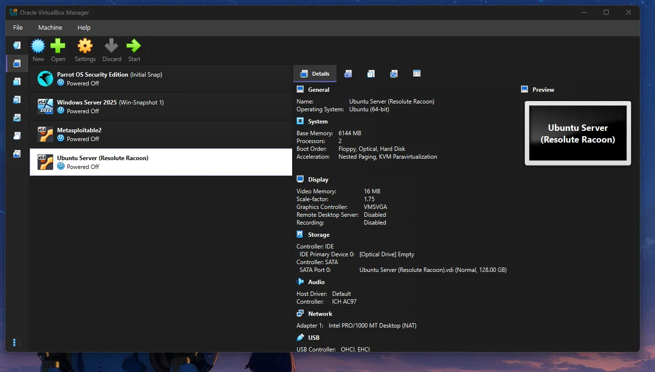 VirtualBox VM overview — all 4 machines